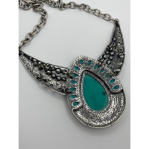 Faux Turquoise Chunky Necklace Costume Silver Estate - Picture 3 of 4